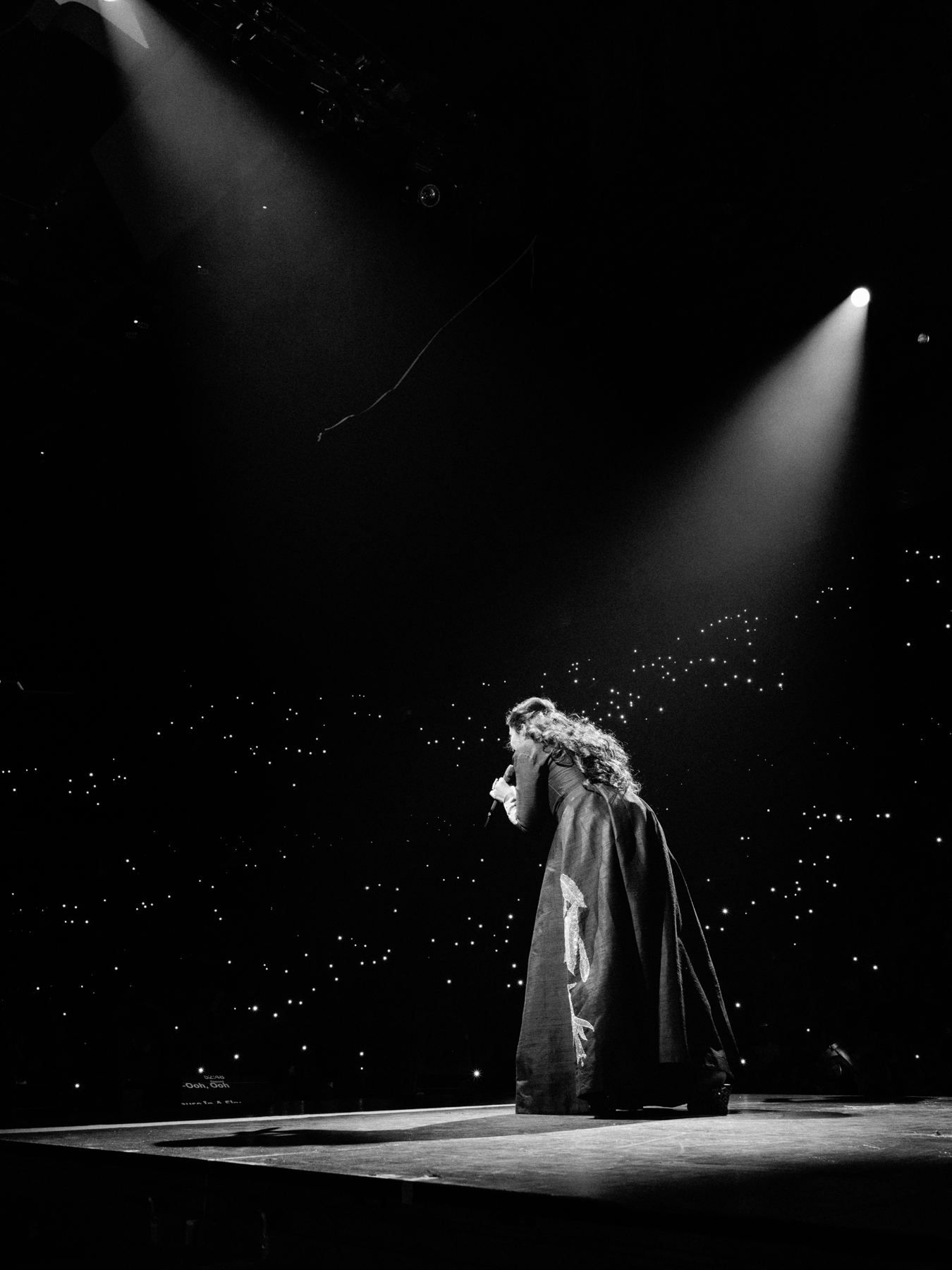 Singer leaning toward the crowd under two spotlights, phone lights behind